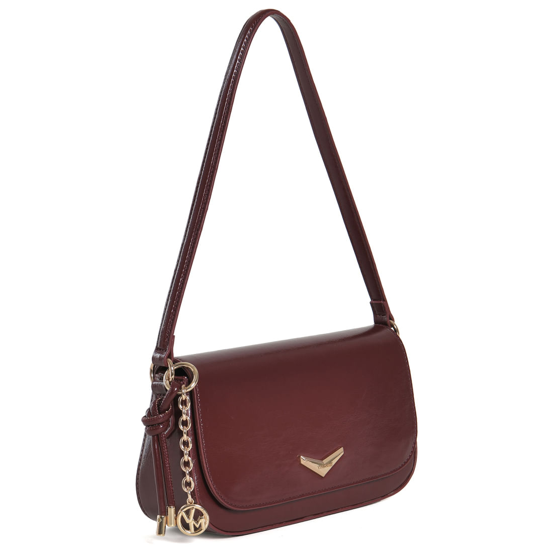 Bolsa Via Marte Shoulder Bag bordô verniz vista frontal com detalhe da corrente dourada